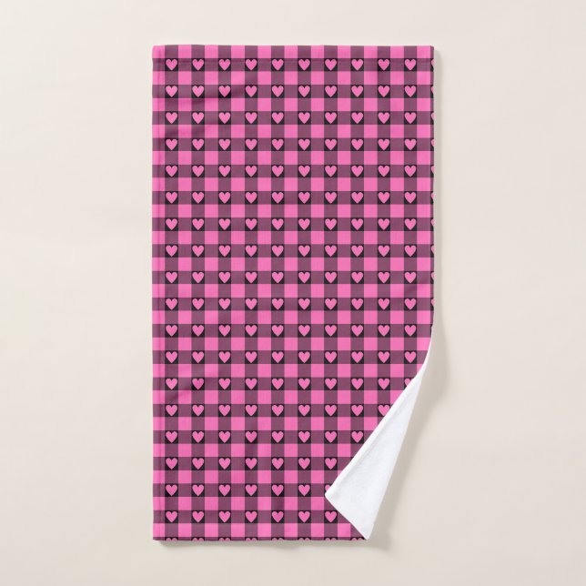 Toalla a cuadros de corazón de búfalo negro rosa (Toalla de mano)