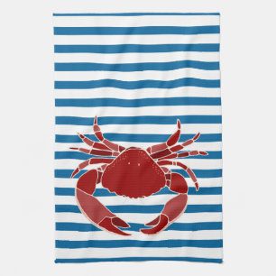 Toalla azul y blanca del cangrejo rojo de la raya