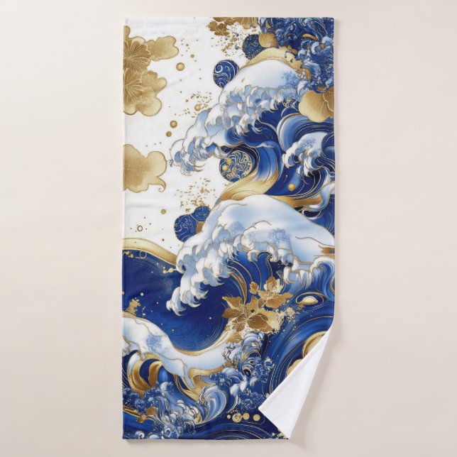 Toalla de arte de olas azul y oro (Toalla de baño)