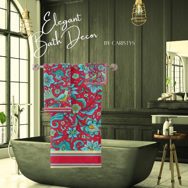 Toalla de aves, flores, azules, rojas, lima pálido (Subido por el creador)