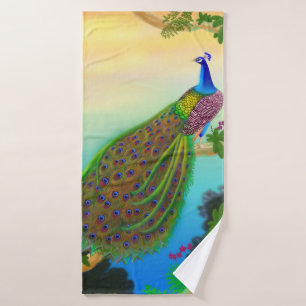 Toalla de baño azul exótica del pavo real