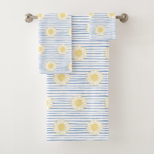 Toalla de baño con girasoles y rayas azules (In situ)
