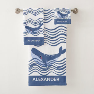 Toalla de baño de ballena blanca gris azul náutica