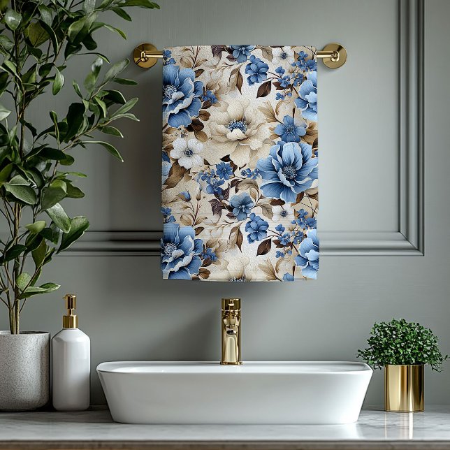 Toalla de baño de flores doradas azul marino de lu (Luxurious Navy Blue Gold Flowers Bath Towel)