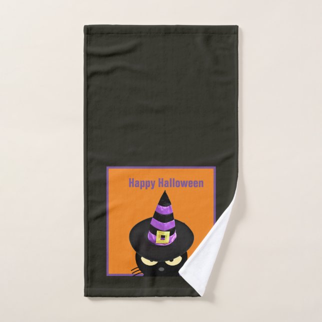Toalla de baño de Halloween de gato negro en sombr (Toalla de mano)