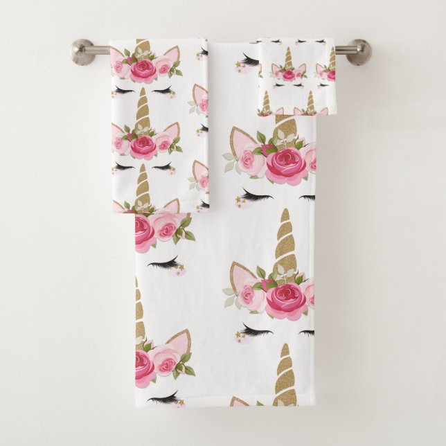 Toalla de baño de moda de unicornio con flor rosa (In situ)