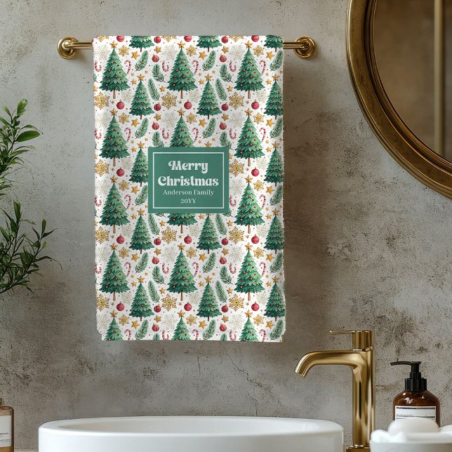 Toalla de baño de Navidad rústica roja verde dorad (Rustic Christmas trees red green gold bath towel)