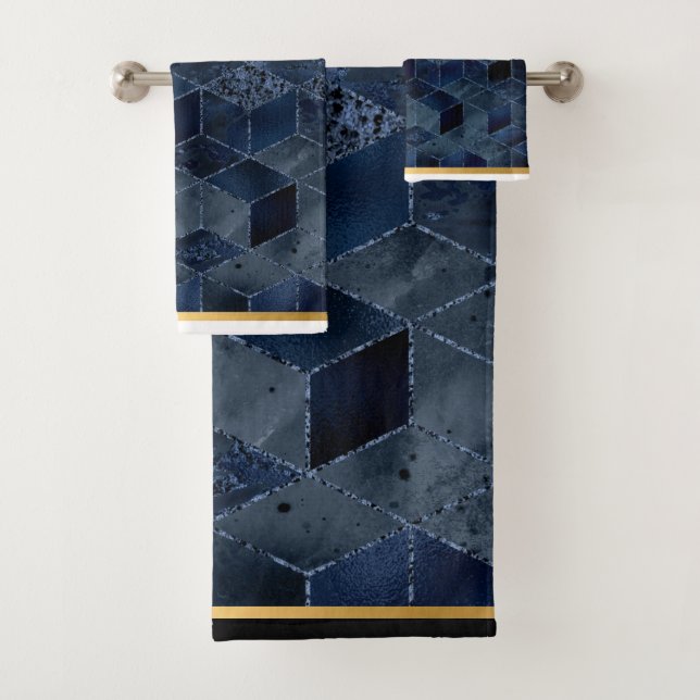 TOALLA DE BAÑO DE ORO LUXE BLUE BRICK GEOMETRIC (In situ)