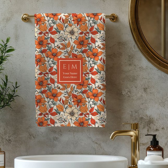 Toalla de baño elegante de flores de otoño en verd (Elegant Fall Flowers Sage Copper Custom Bath Towel)
