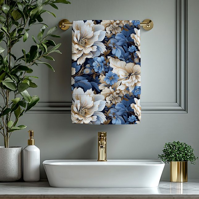 Toalla de baño floral azul y dorada elegante (Elegant Blue and Gold Floral Bath Towel)