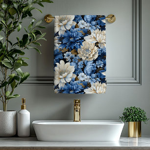 Toalla de baño floral elegante azul marino marfil 