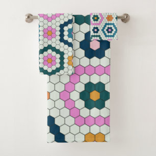 Toalla de baño geométrica hexagonal rosa y turques