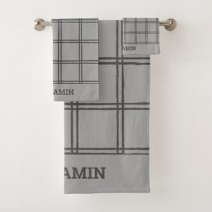 Toalla de baño masculina con cuadros grises y nomb
