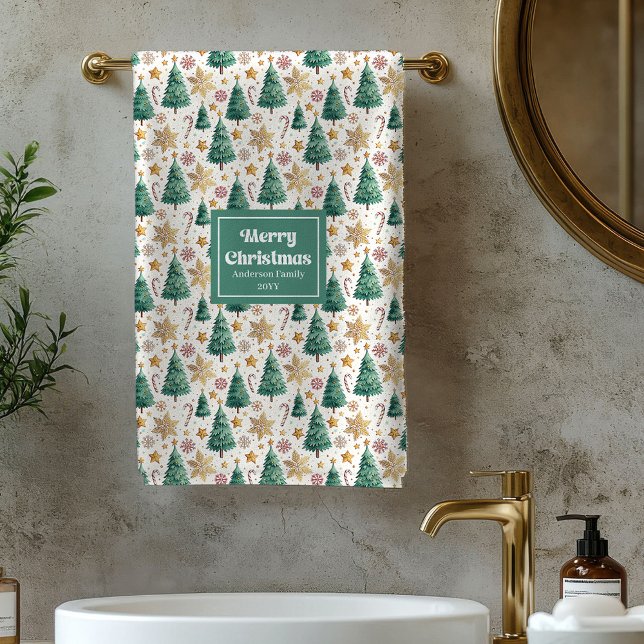 Toalla de baño navideña elegante roja verde (Chic Christmas trees red green festive bath towel)