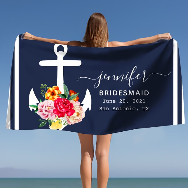 Toalla de baño personalizada con ancla náutica de  (Floral Anchor Bridesmaid Gift Personalized Name Beach Towel)