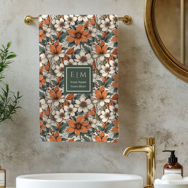 Toalla de baño personalizada de flores de otoño el (Chic Autumn Florals Olive Green Custom Bath Towel)