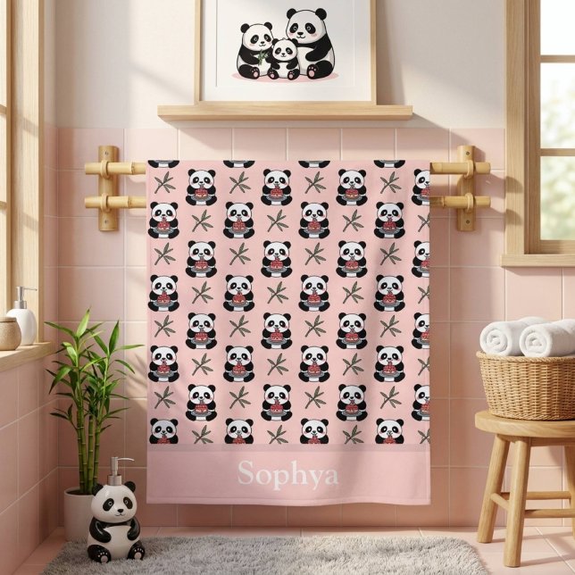Toalla de baño personalizada para niños Panda Rosa (Subido por el creador)