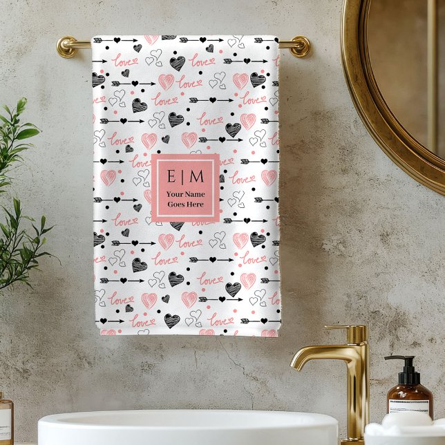 Toalla de baño personalizada para San Valentín Cor (Personalized Valentine Bath Towel Pink Black Hearts)