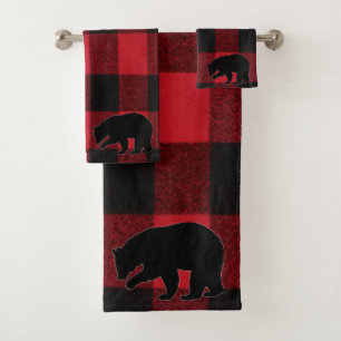 Toalla de baño puesta en rojo oso negro de búfalo