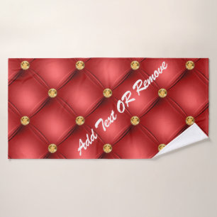 Toalla de baño roja y dorada con texto Personaliza