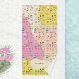 Toalla de baño rosa pastel femenino kawaii Doodle