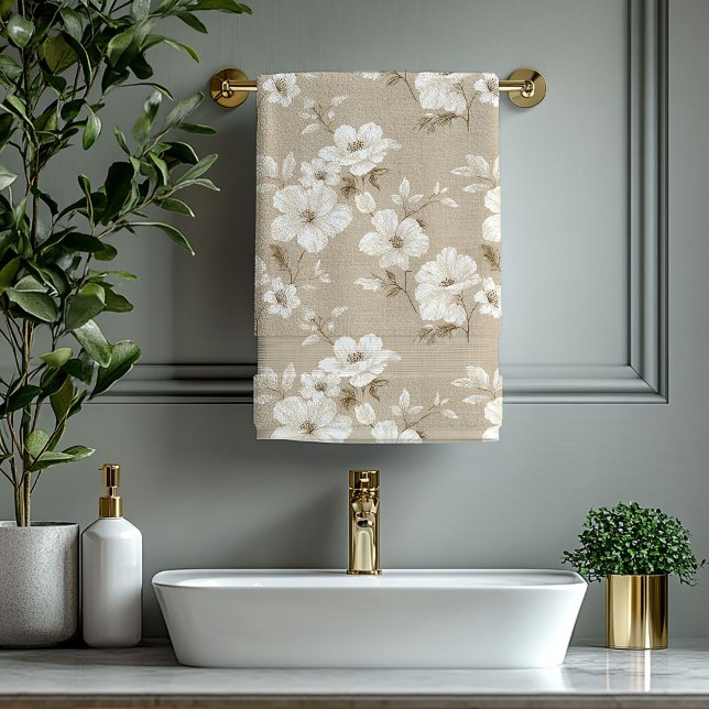 Toalla de baño rústica taupe flores blancas neutra (Rustic Taupe White Flowers Neutral Bath Towel)