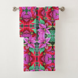 Toalla de baño Set de Poinsettias Rojas y Rosa