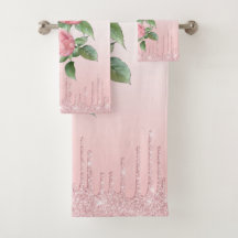 Toalla de baño Set de rosas rosadas y Purpurina