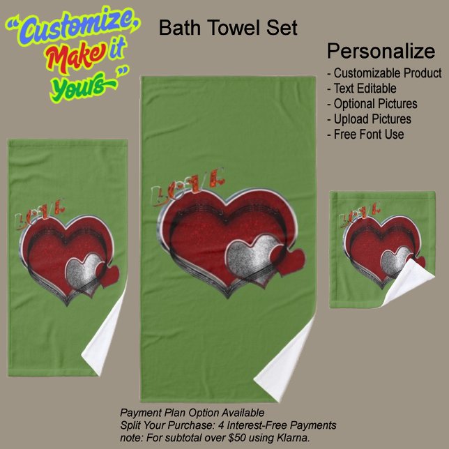 Toalla de baño verde con magia de corazón (Heart Magic Bathroom Towel Set Featuring a Green Background.)