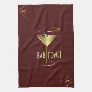 Toalla de bar de cristal de Martini rojo y dorado