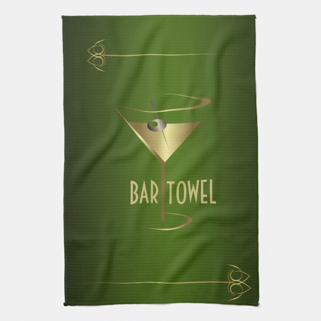 Toalla de bar Vidrio de cócteles verde y dorado (Vertical)