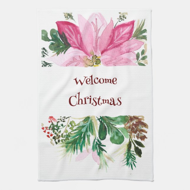Toalla de bienvenida Navidad, Poinsettia rosa/verd (Vertical)
