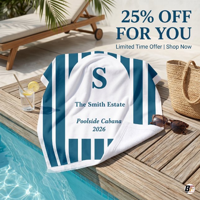 Toalla de cabana personalizada a rayas navy Preppy (#vacation)
