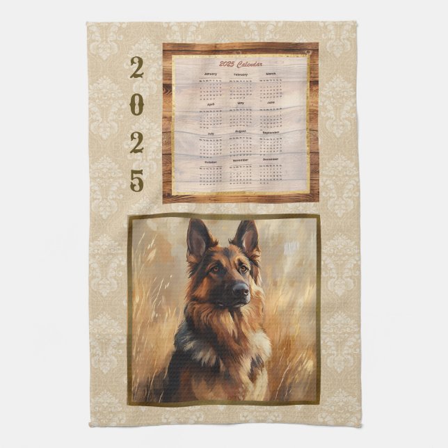 Toalla de calendario 2025 Pastor alemán Tan Damask (Vertical)