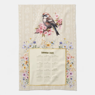 Toalla de calendario 2026 Gorrión con flores silve