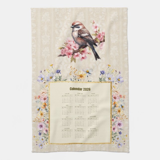 Toalla de calendario 2026 Gorrión con flores silve (Vertical)