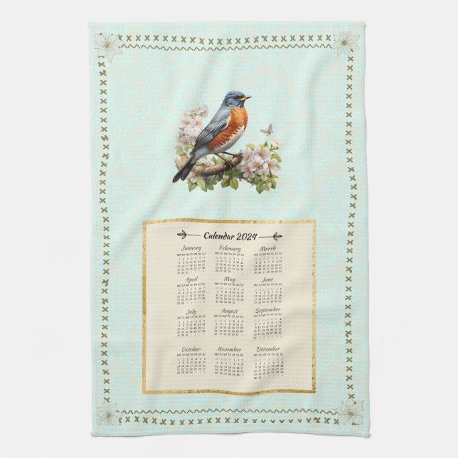 Toalla de calendario Robin Bird Aqua Damask (Vertical)