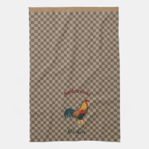 Toalla de cocina a cuadros con gallo de granja