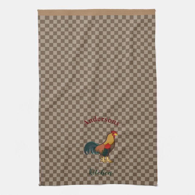 Toalla de cocina a cuadros con gallo de granja (Vertical)