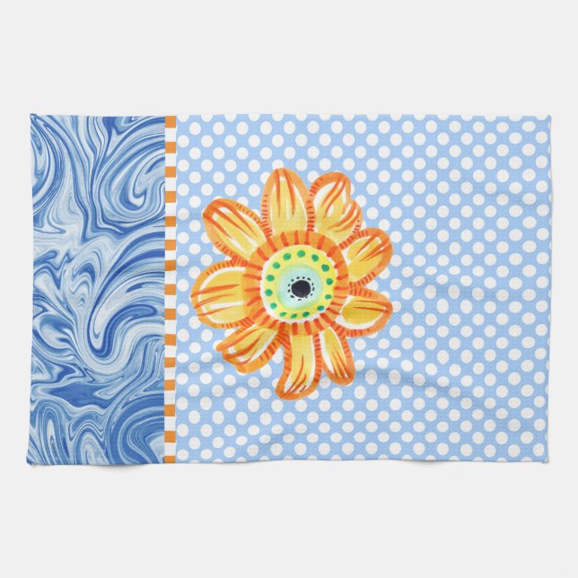 Toalla de cocina amarilla de girasol azul Polkadot (Horizontal)