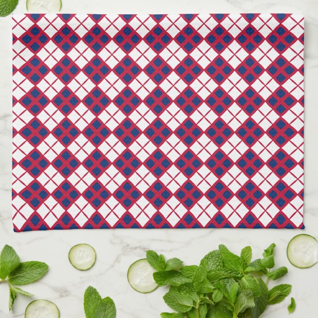Toalla de cocina argyle roja, blanca y azul (Doblado)