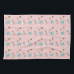 Toalla de cocina atómica icónica rosada de<br><div class="desc">Este modelo atómico icónico rosado de la toalla de cocina de Starbursts ofrece starbursts atómicos icónicos. ¡Eso correcto! La escuela vieja, primera señora Pink coloreó el fondo con los puntos del oro es el contexto perfecto para la turquesa vibrante, el apio calmante, y los círculos coloreados del verde kitschy de...</div>