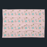 Toalla de cocina atómica icónica rosada de<br><div class="desc">Este modelo atómico icónico rosado de la toalla de cocina de Starbursts ofrece starbursts atómicos icónicos. ¡Eso correcto! La escuela vieja, primera señora Pink coloreó el fondo con los puntos del oro es el contexto perfecto para la turquesa vibrante, el apio calmante, y los círculos coloreados del verde kitschy de...</div>