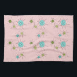 Toalla de cocina atómica icónica rosada de<br><div class="desc">Este modelo atómico icónico rosado de la toalla de cocina de Starbursts (ampliación de foto) ofrece starbursts atómicos icónicos. ¡Eso correcto! La escuela vieja, primera señora Pink coloreó el fondo con los puntos del oro es el contexto perfecto para la turquesa vibrante, el apio calmante, y los círculos coloreados del...</div>