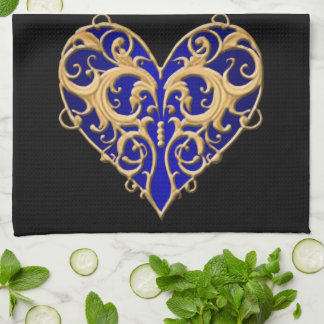 Toalla de cocina azul filigrí para el corazón