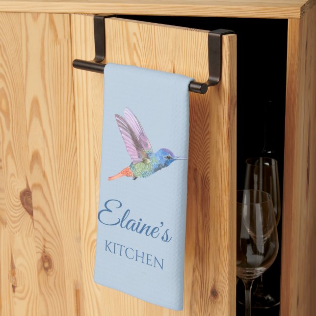 Toalla de cocina azul personalizada con colibrí (Pliegue de tercios)