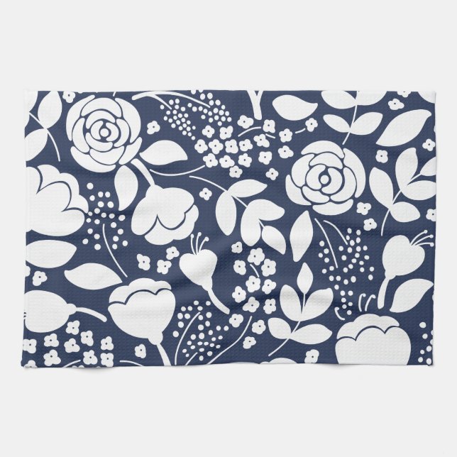 Toalla de cocina azul y blanca de la marina floral (Horizontal)