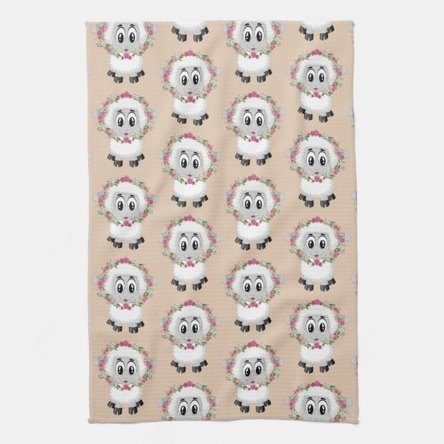 Toalla de cocina beige de oveja floral (Vertical)
