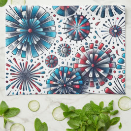 Toalla de cocina blanca y azul de fuegos artificia