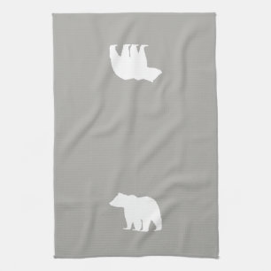 Toalla de cocina blanca y gris con silueta de oso